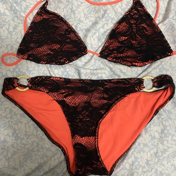 PINK Victoria’s Secret peach and black lace bikini (size medium) - Picture 1 of 4